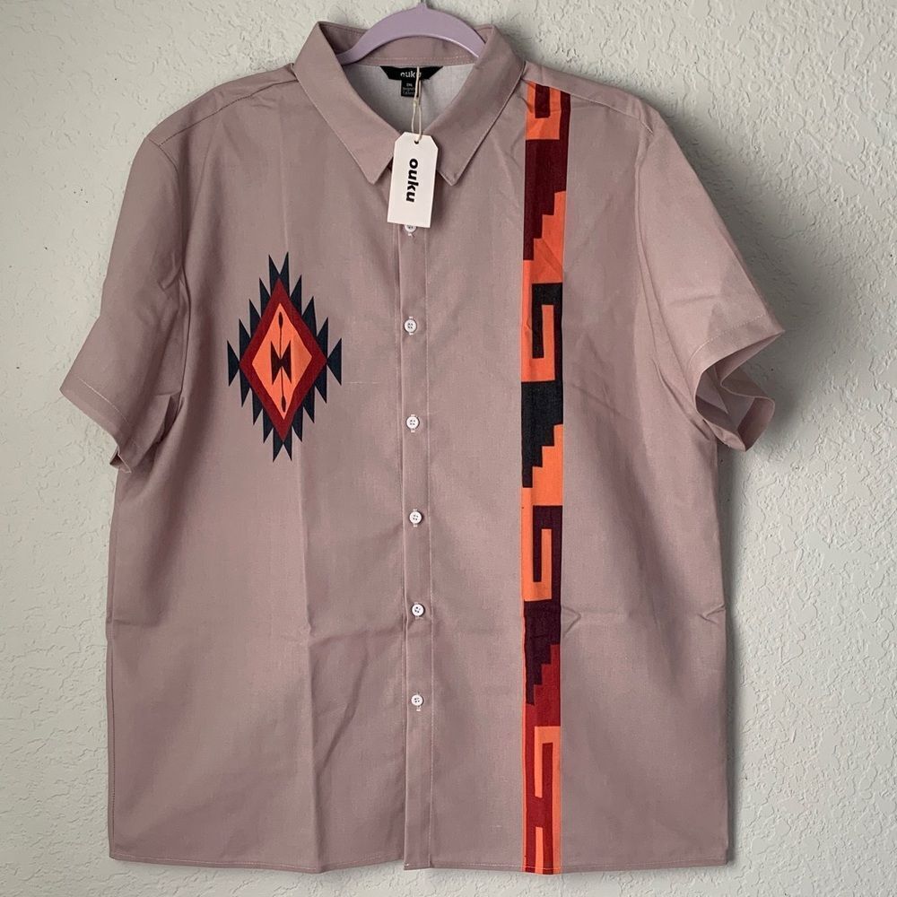 NWT OUKU Men's Linen Blend Shirt Aztec Print Beige Red Orange Size 2XL